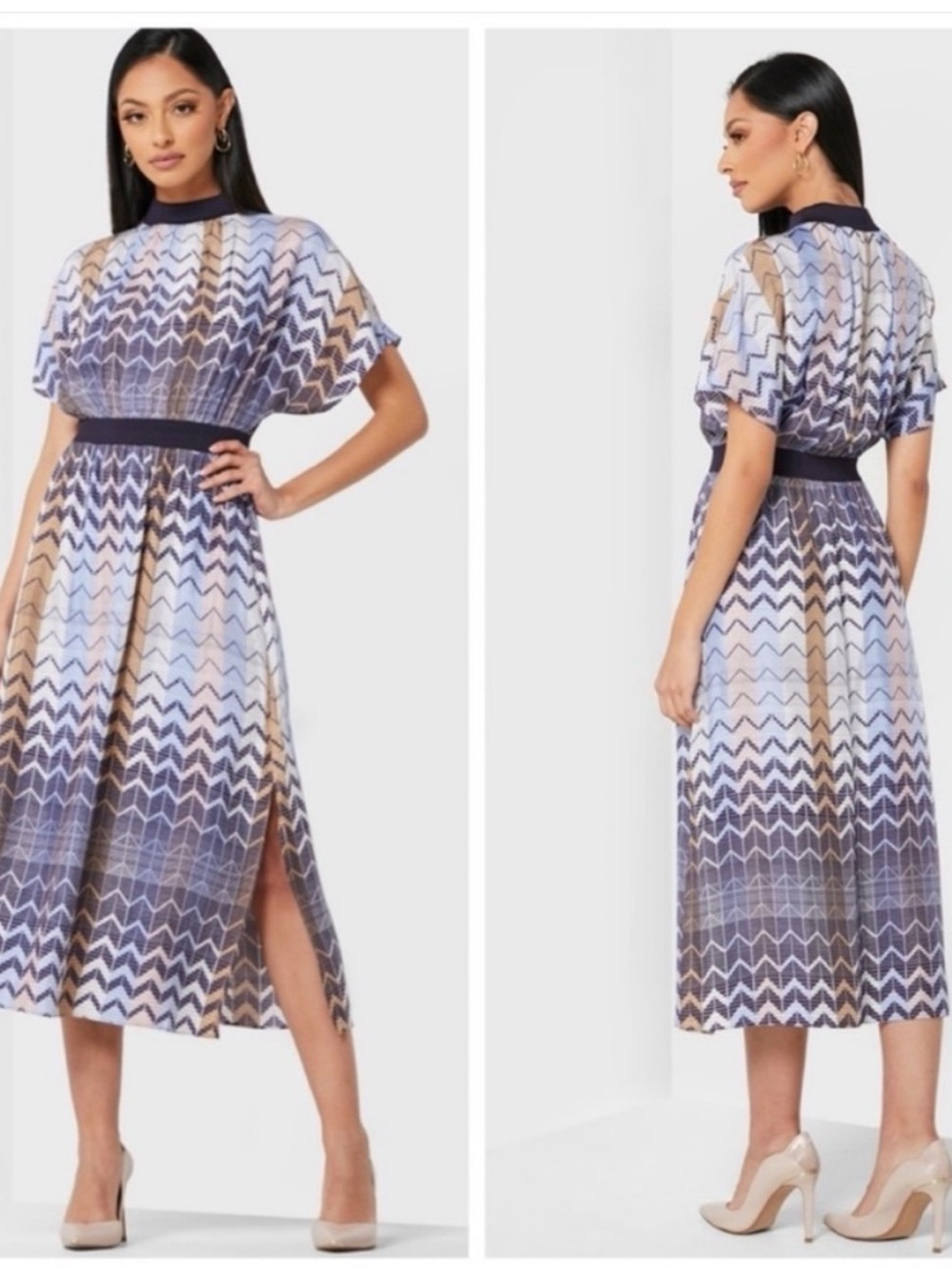 Ted Baker Zigzag Midi Dress in Blue and Tan